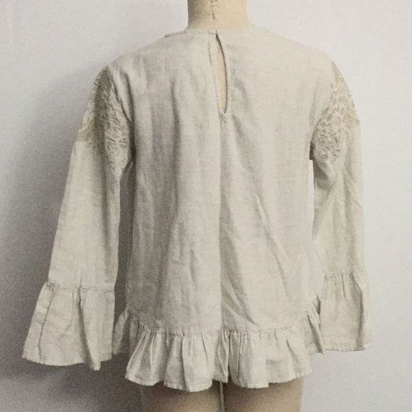 Zara Embroidered Bell Sleeve Top Size Large Beige - Picture 5 of 8